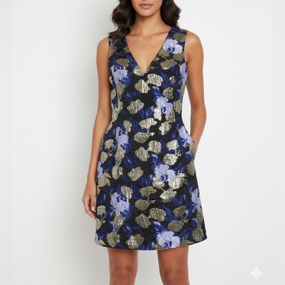 Badgley Mischka Dresses & Skirts - NWT Badgley Mischka Sleeveless A Line Floral Metallic Dress Blue Gold Sz 8
